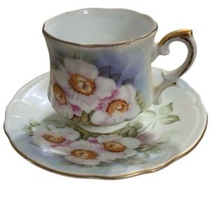 Vintage Lefton Magnolia Hand Painted Teacup & Saucer Floral Gold Trim